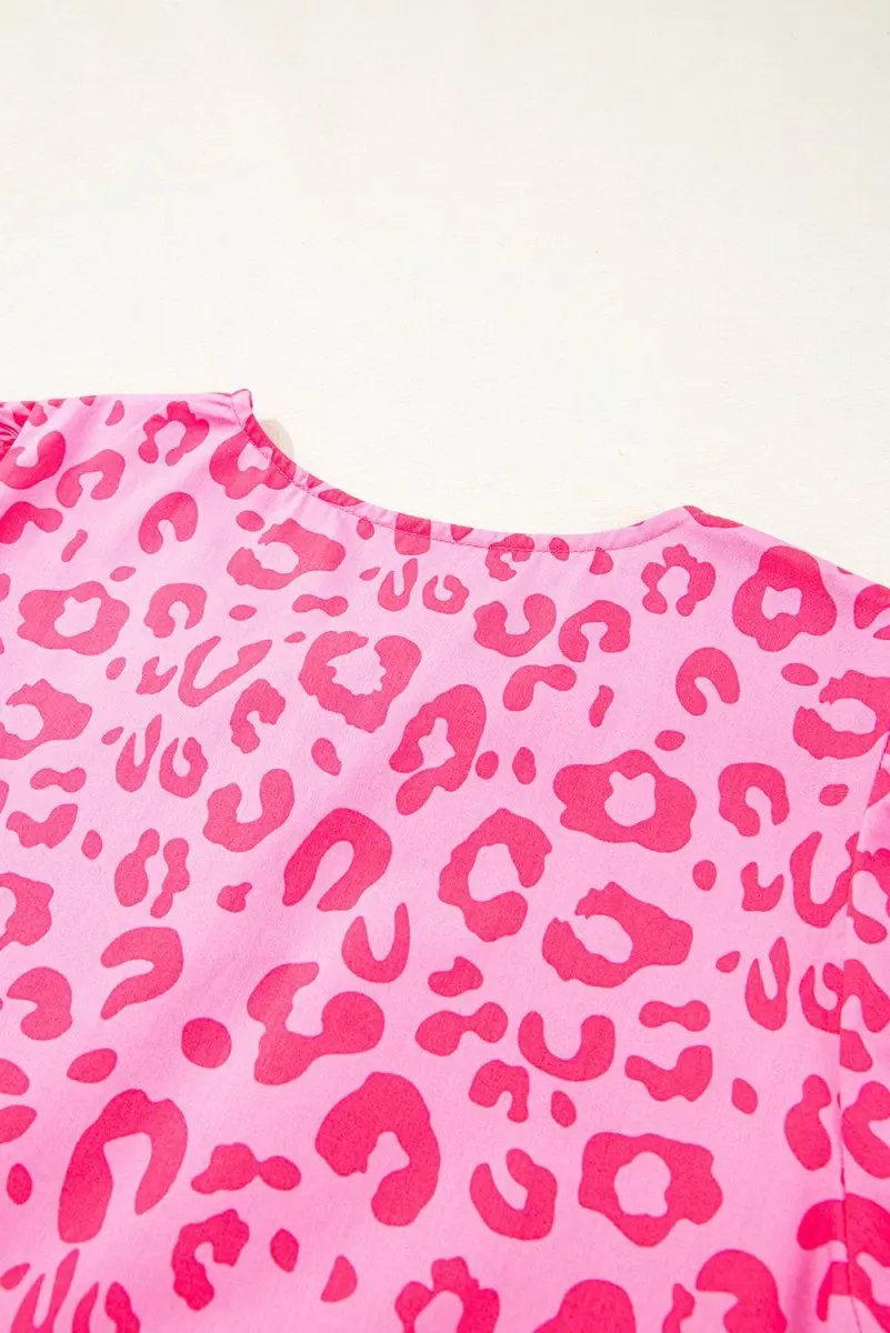 Rose Leopard Puff Sleeve Tie Front High Waist Mini Dress - Love Salve